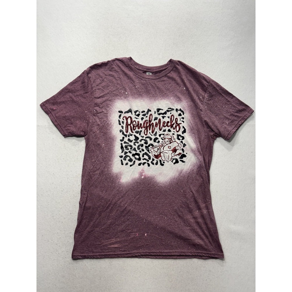 Gildan Mens Large Purple Roughnecks Leopard Graphic Tee Glitter Sports Splatter